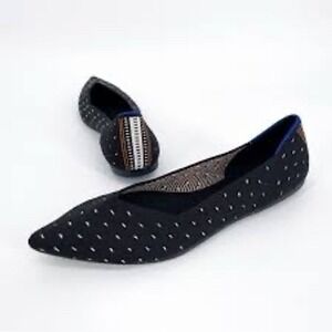 Rothys The Point Black White Micro Dot Pointed Toe Flats 9.5 Stripe Heel EUC